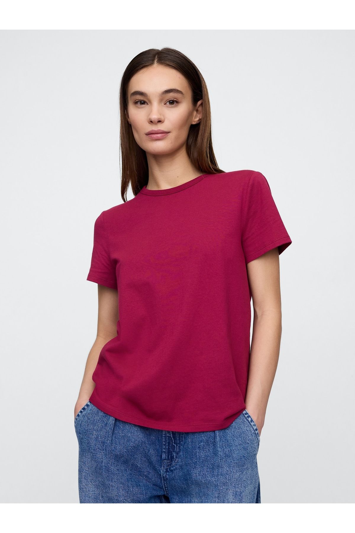 GAP Kadın Bordo Yuvarlak Yaka Basic T-Shirt