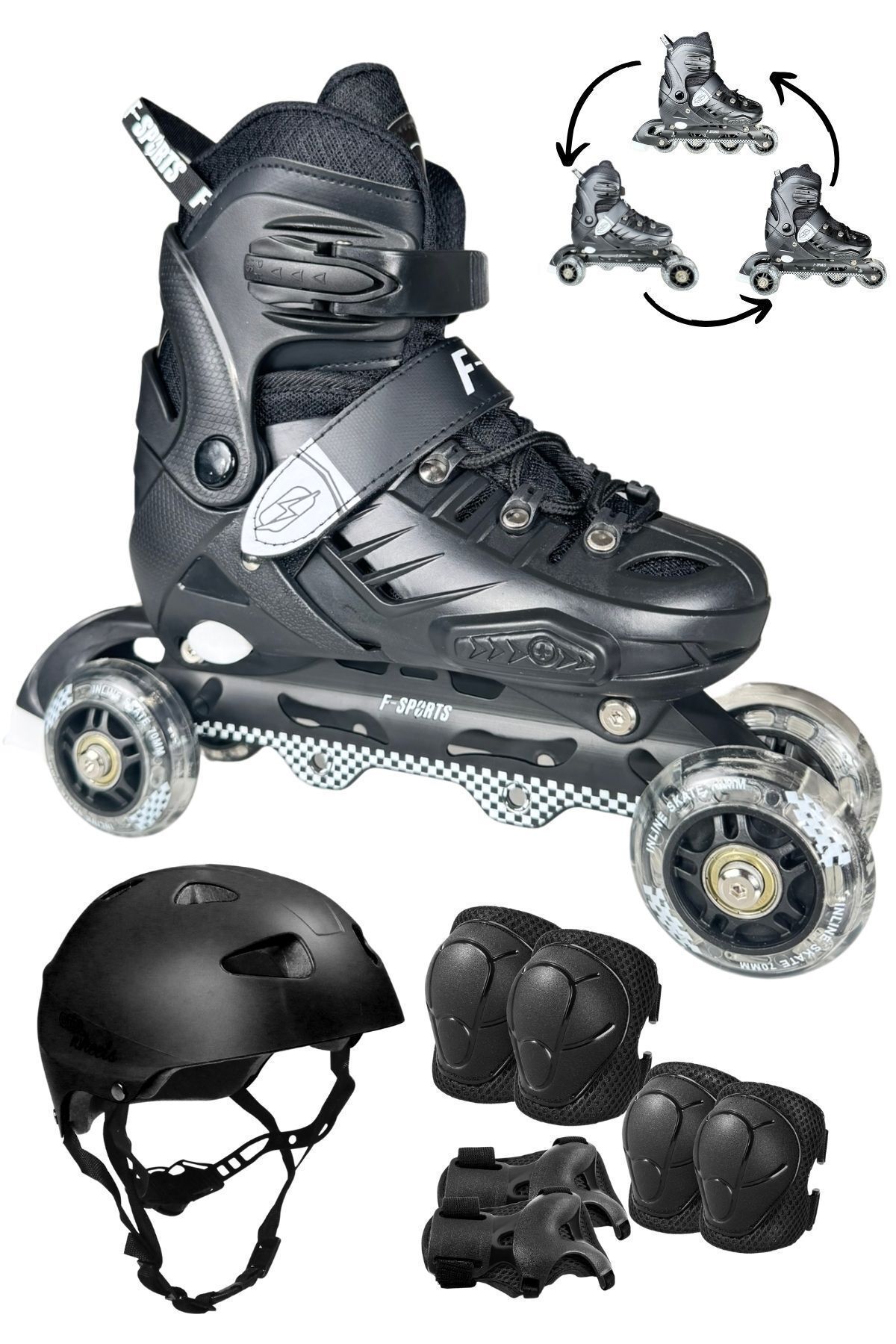 SerenityHaven Black Seri Tek Teker Işıklı Paten Kask Koruma Seti 2+2 Çocuk Pateni Taşıma Çantalı 3 in 1