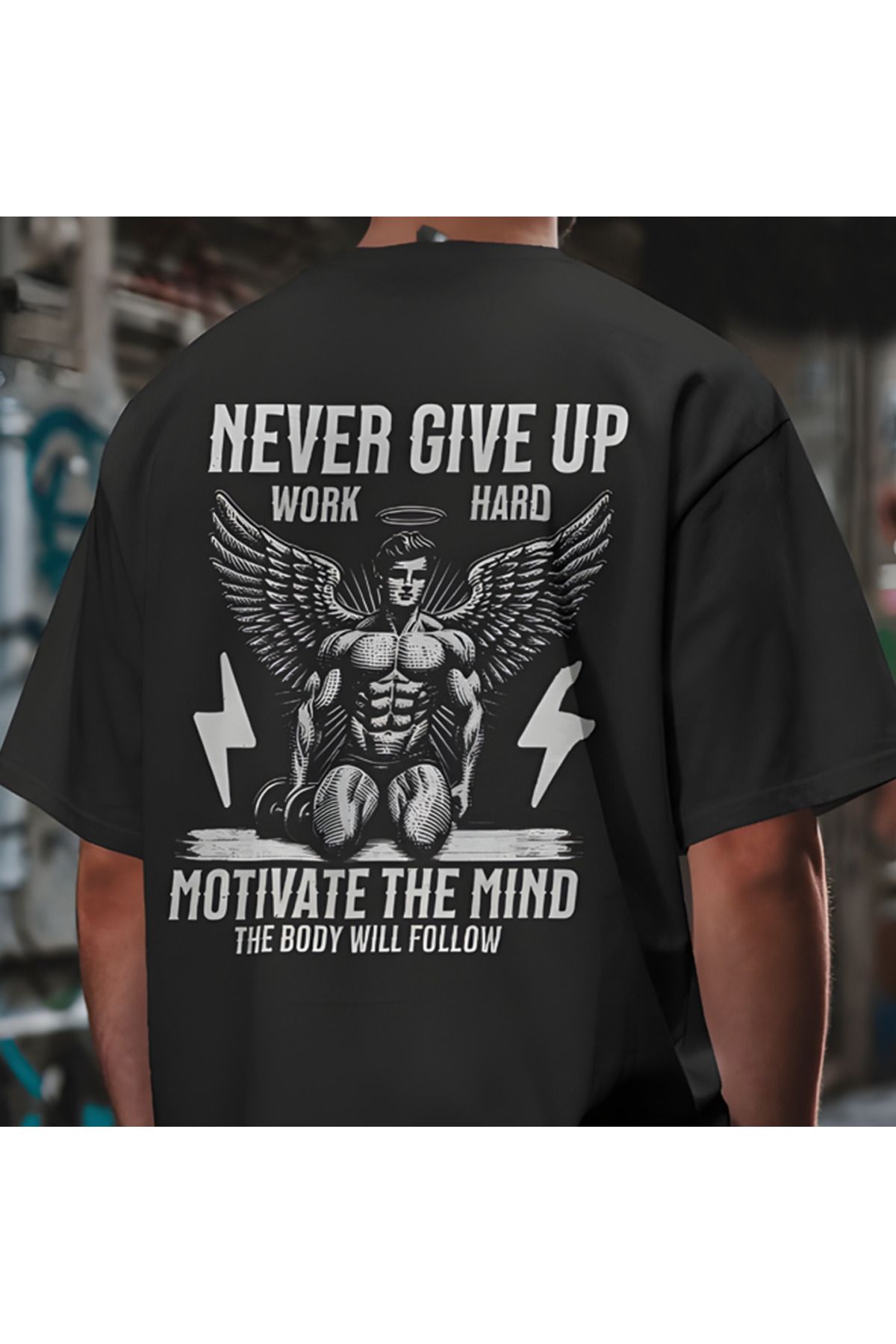 Lemur'ful Never Give Up GYM Baskılı Oversize Siyah Tişört