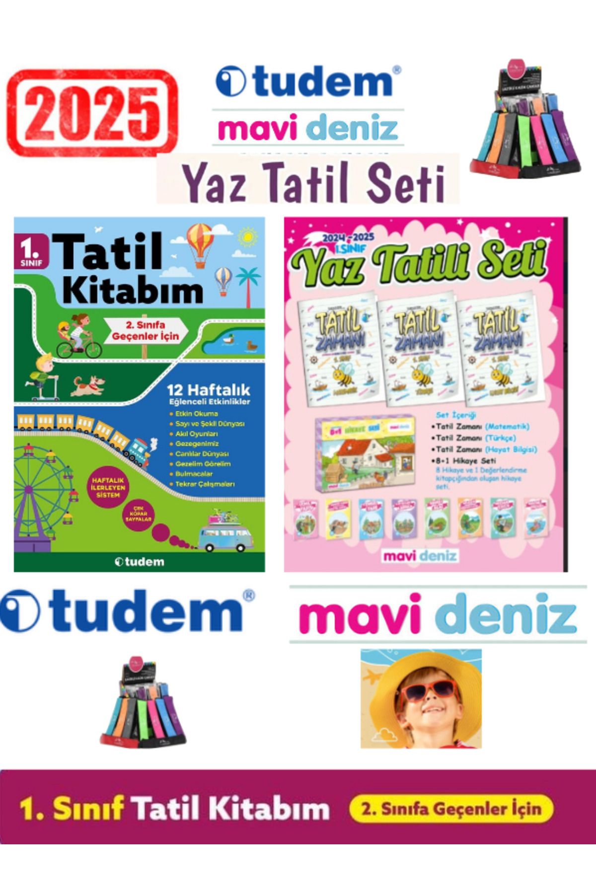 Fenomen Yayıncılık Tudem 2025 1.Sınıf 12 Haftalık Tatil Kitabı+Mavi Deniz 1.Sınıf Yaz Tatil Kitabı Seti(Yeni)+Kalemlik