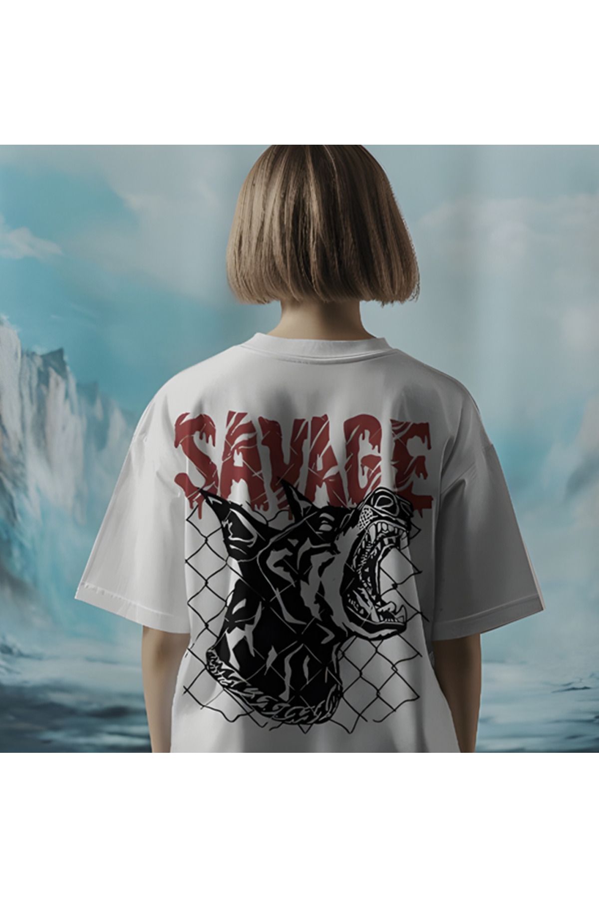 Lemur'ful Savage Outfit Baskılı Oversize Beyaz Tişört