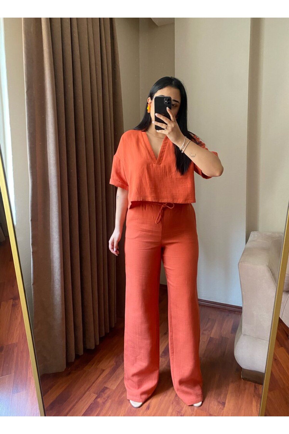 MODA Kadın Yarım Kollu Bluz Pantolon Kiremit Keten İkili Takım
