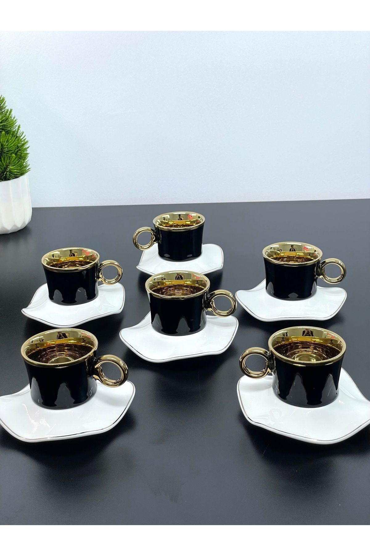 YzHome 6 Kişilik Porselen Yaldızlı Kahve Fincan Takımı Seti Siyah 100ml