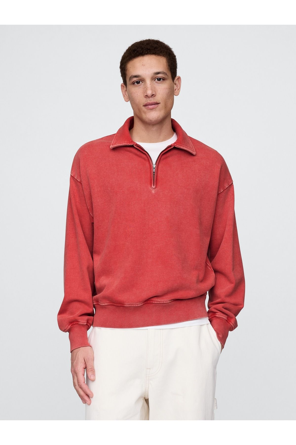 GAP Erkek Kırmızı Heavyweight Oversized Yarım Fermuarlı Sweatshirt
