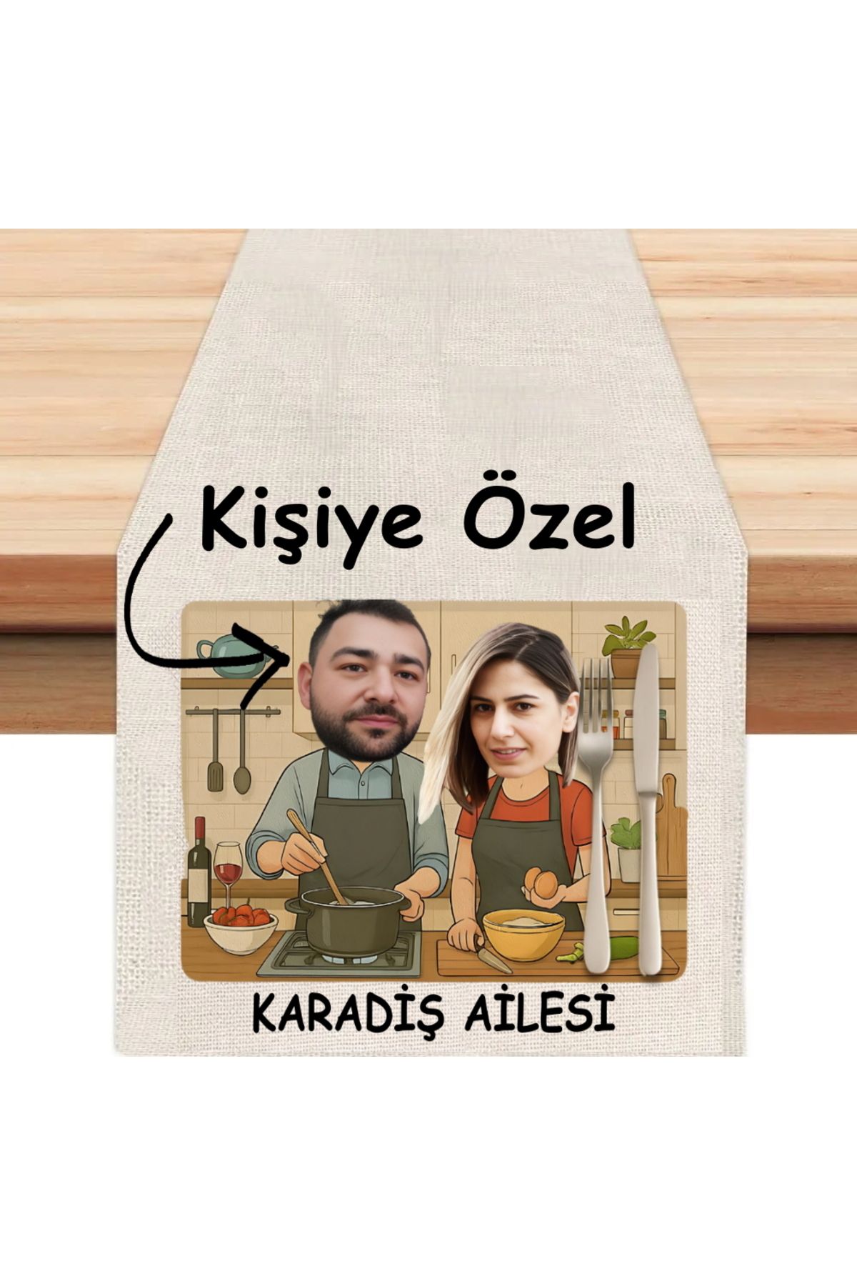Hediye Molası Kişiye Özel Karikatürlü Mutfak Tasarımlı Runner, Runer, Masa Örtüsü, Sofranıza Zarafet Katın Runner