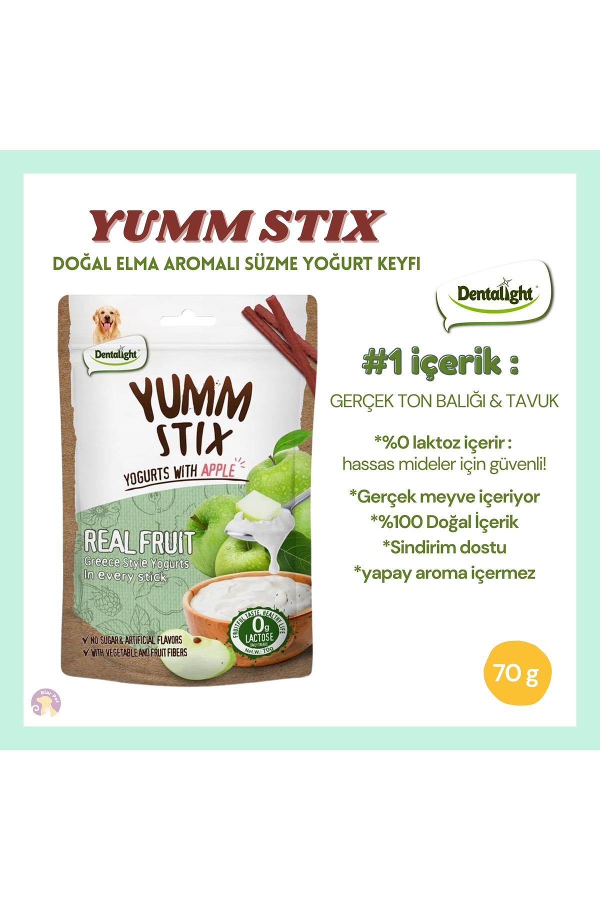 DENTALIGHT Yumm Stix Gerçek Ton Balıklı, Elmalı & Yoğurtlu Atıştırmalık -Yumuşak, Doğal Köpek Ödül Çubuğu (70g)