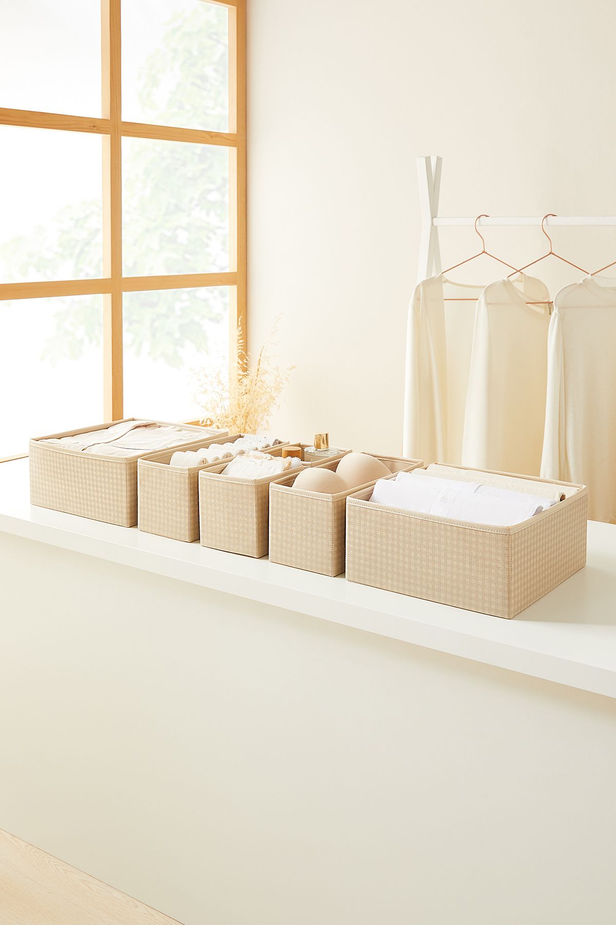 Home Wave 6'lı Bej Pötikare Çekmece İçi Dolap Çamaşır Düzenleyici Katlanır Saklama Kutusu Organizer Set