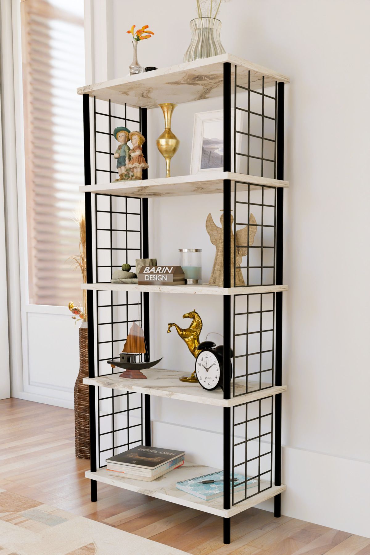 BARIN DESIGN 5 Raflı Telli Metal Kitaplık Salon,Ofis,Çalışma Odası Modern Düzenleyici Çevir Tak Kolay Kurulum Raf