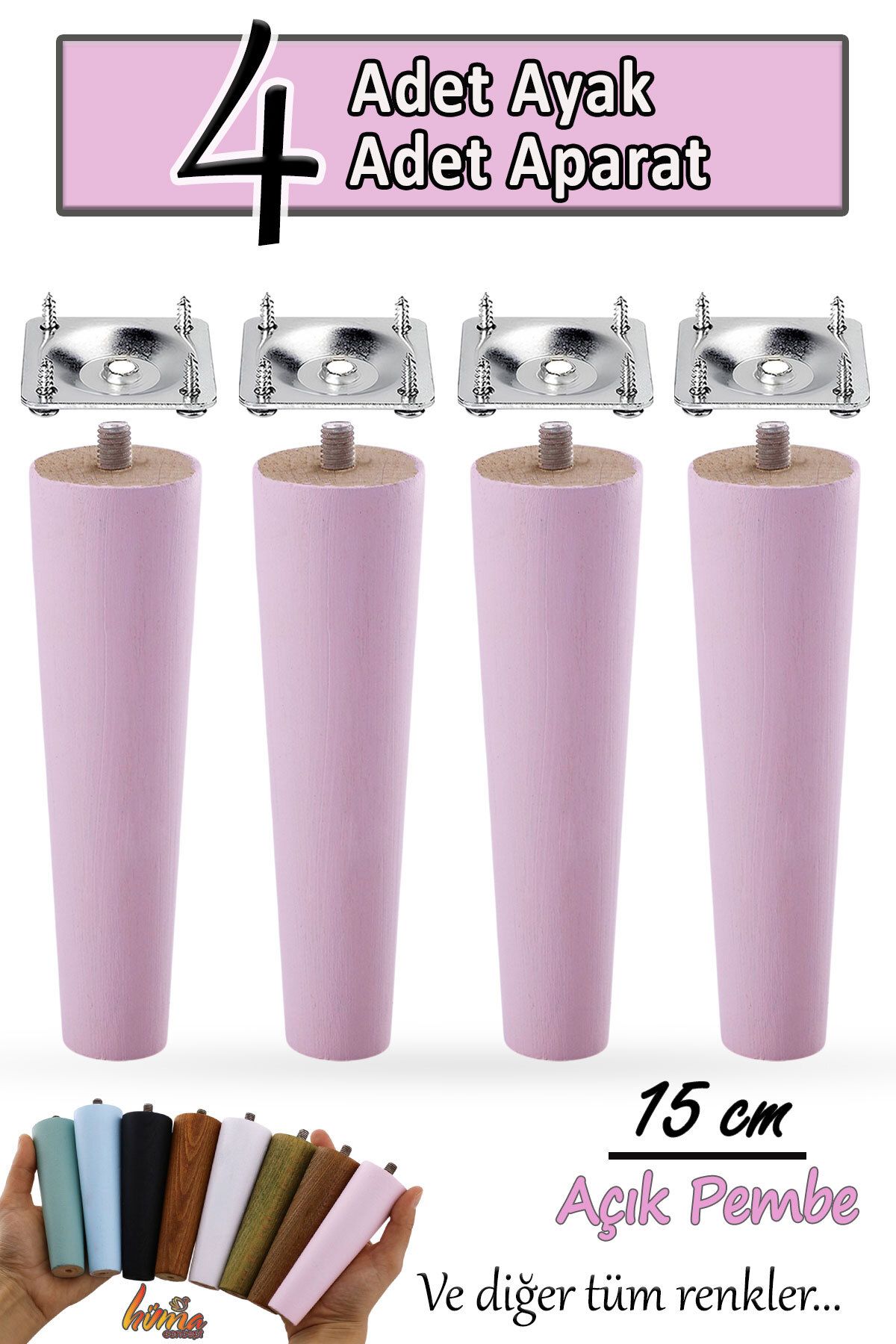 GLASWEN 4 Adet Ahşap Ayak 15 Cm Açık Pembe M8 Civatalı Bağlantı Aparatlı Mobilya Koltuk Kanepe Destek Ayağı