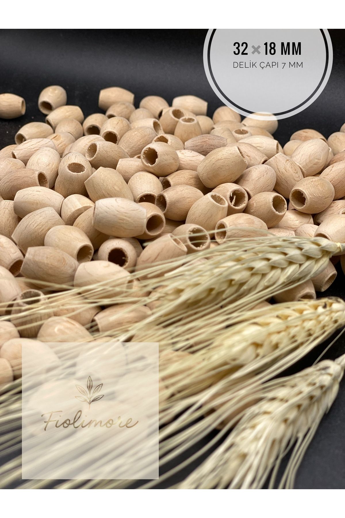 Fiolimore Oval Ahşap Ham Boncuk 32x18 mm (50 Gram 15 Adet) Delik Çapı 7 mm Badem Tahta Boncuk