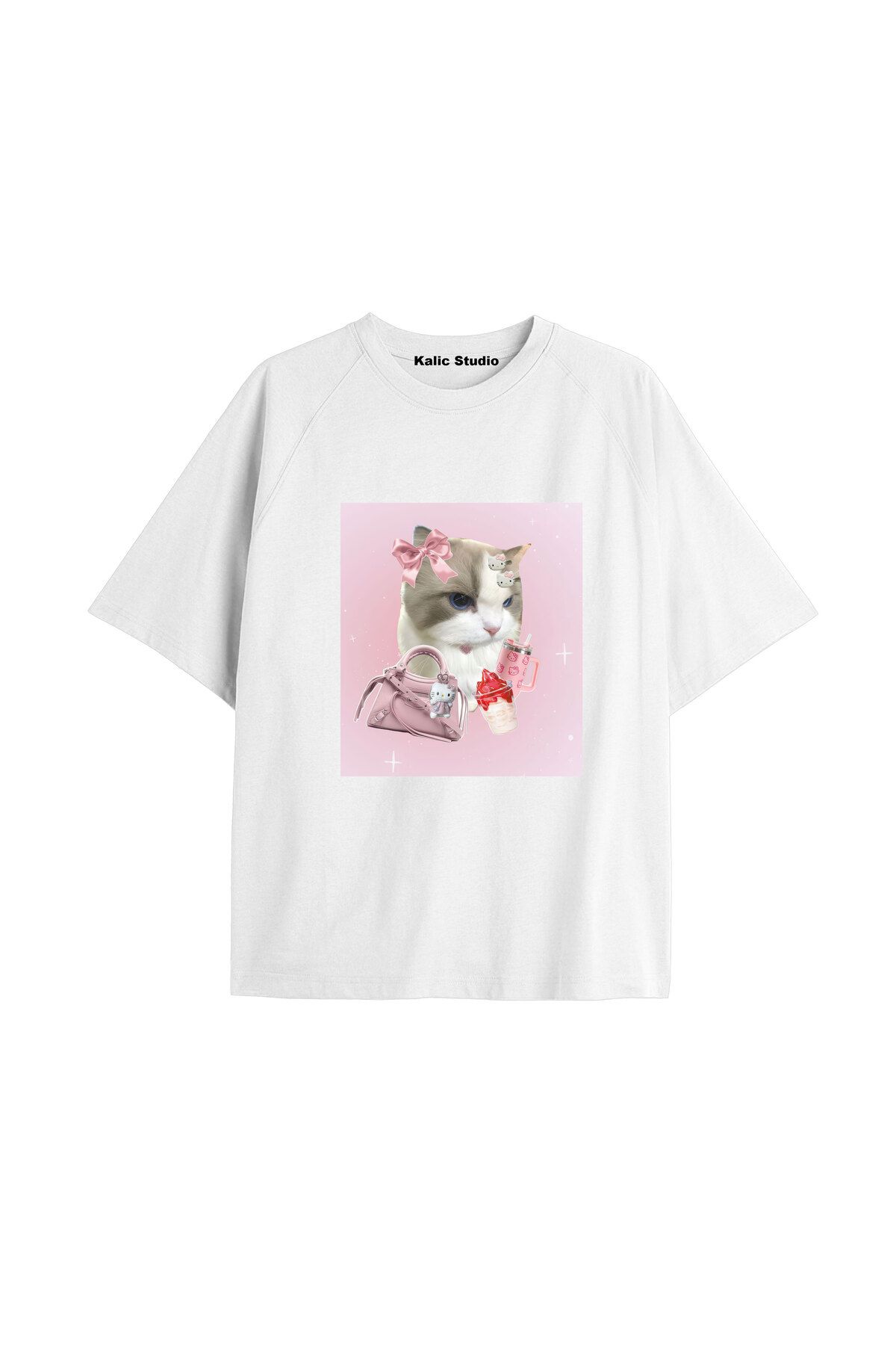 Kalic Studio Y2k vintage Cats Baskılı Beyaz T-shirt KOD 19