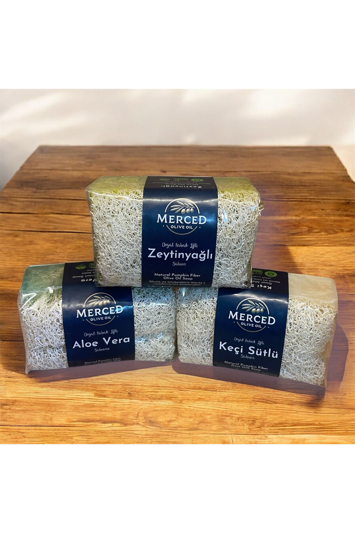 mercedoliveoil 3’Adet aloe vera,zeytinyağlı,keçisütlü Doğal kabak lifli sabun