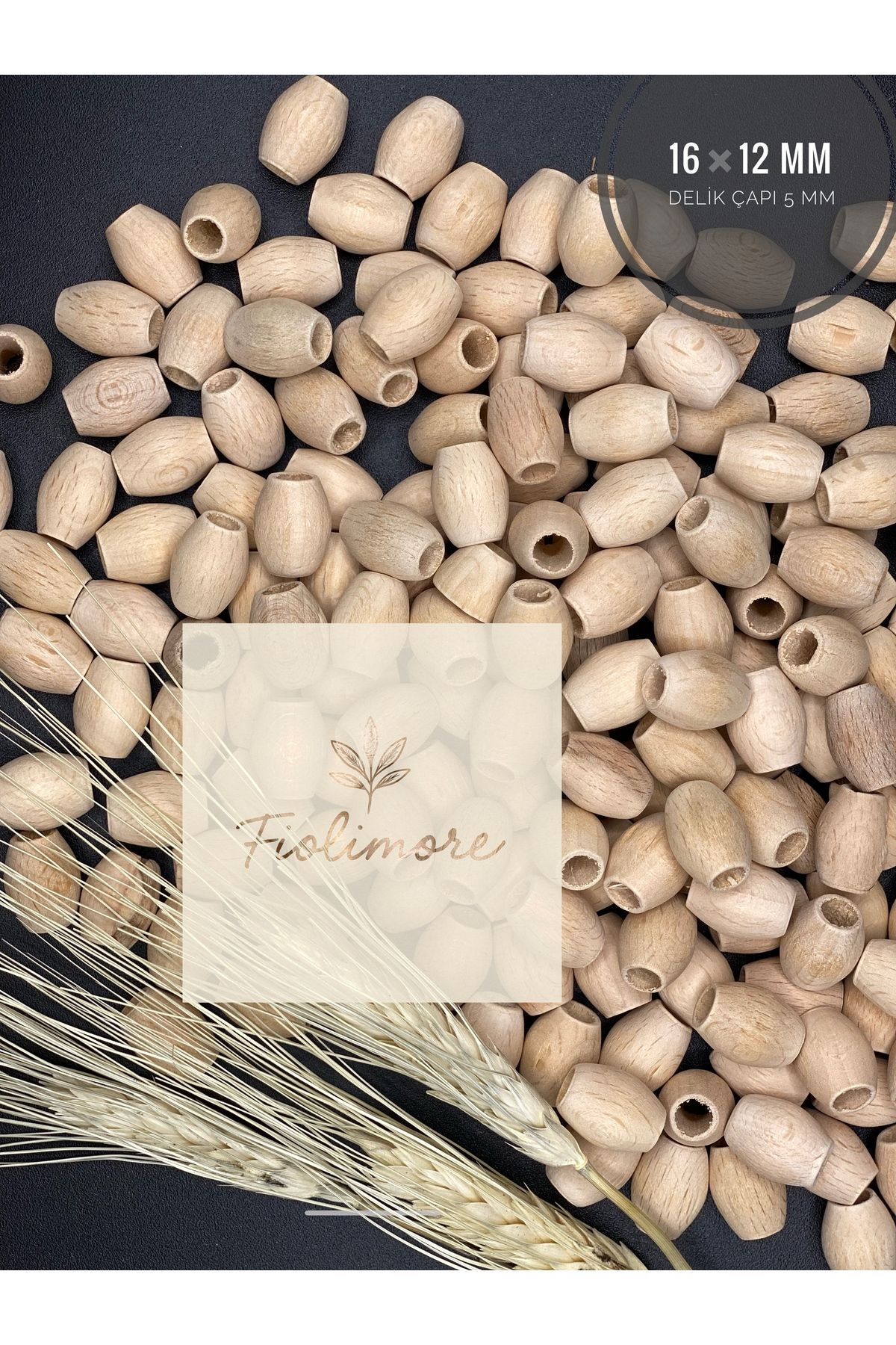 Fiolimore Oval Ahşap Ham Boncuk 16x12 mm (50 Gram 75 Adet) Delik Çapı 5 mm Badem Tahta Boncuk