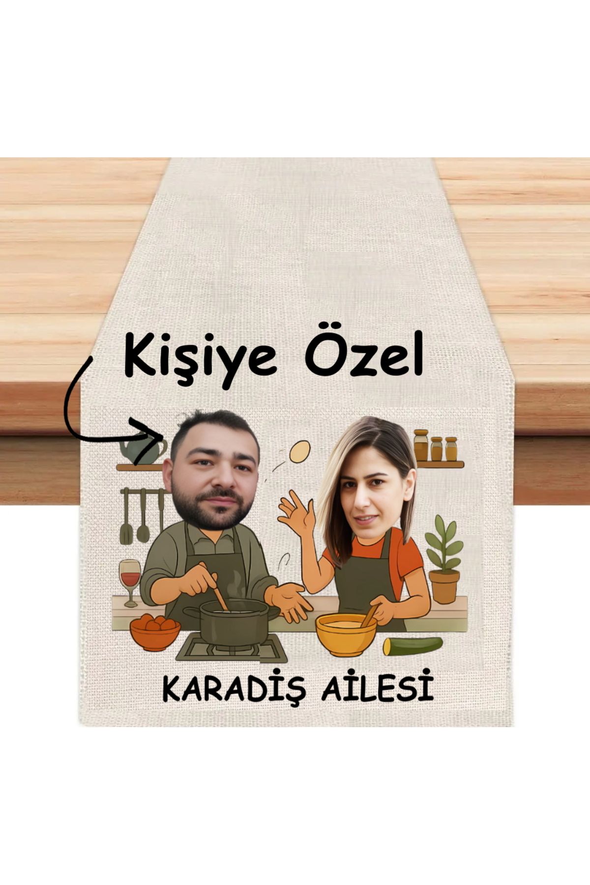 Hediye Deposu Kişiye Özel Karikatür Baskılı Çift Tasarımlı Runner, Runer, Sofranıza Zarafet , Masa Örtüsü