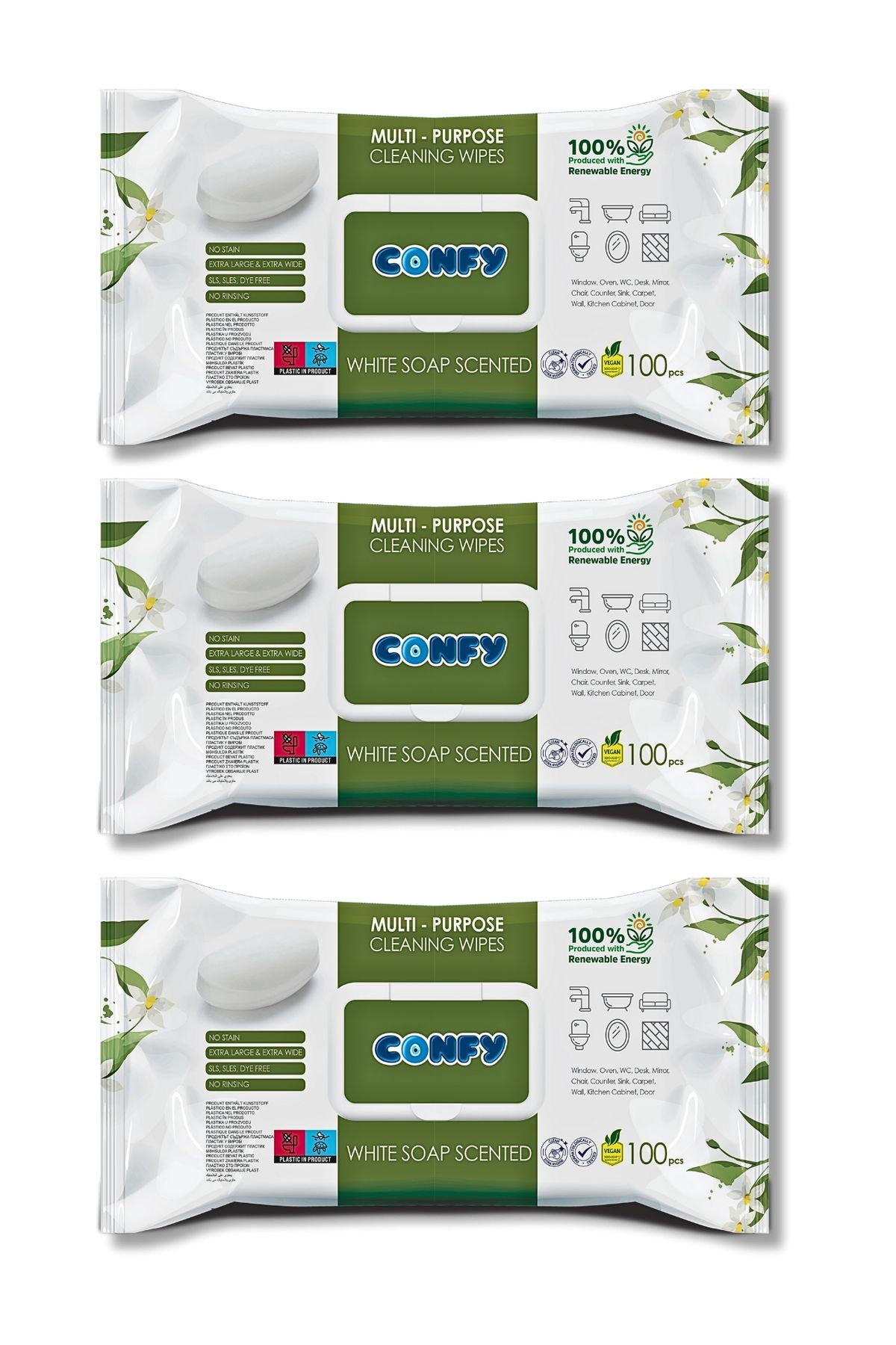 Confy Yüzey Temizlik Havlusu ve Mendili – Beyaz Sabun Kokulu (3 Paket x 100 Yaprak)