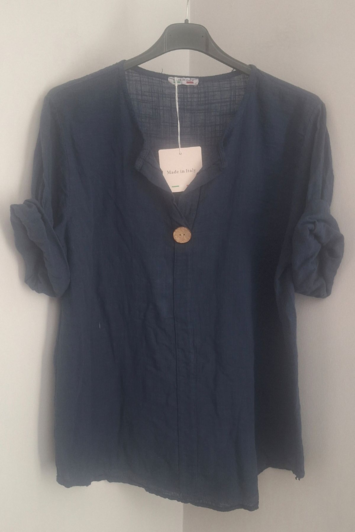 AYASOFYA OTANTIK Kadın Italyan Lacivert Düğme Detaylı 3/4 Kollu Oversize Salaş %100 Pamuk Bluz Tunik