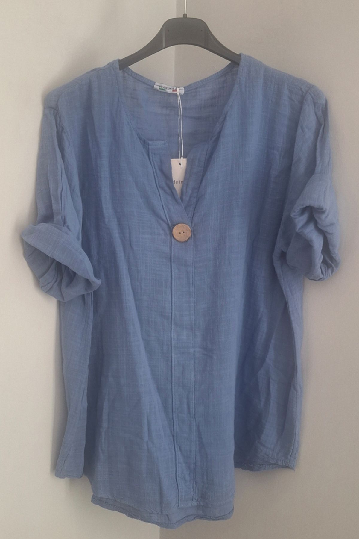 AYASOFYA OTANTIK Kadın Italyan İndigo Mavi Düğme Detaylı 3/4 Kollu Oversize Salaş %100 Pamuk Bluz Tunik