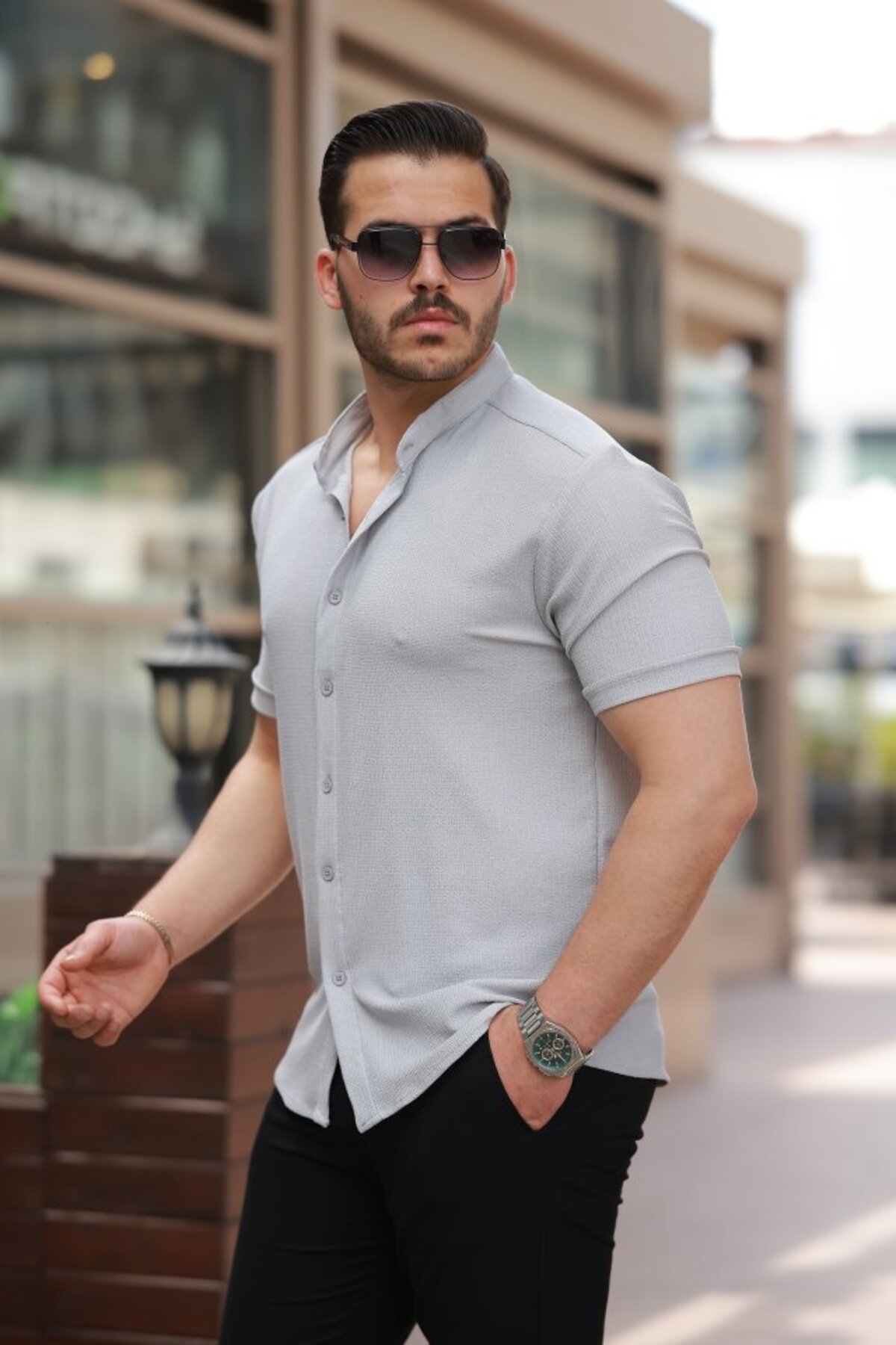 GETFAY Erkek Hakim Yaka Kısa Kollu Gömlek-Gri fotoğrafı 2 (önizleme)