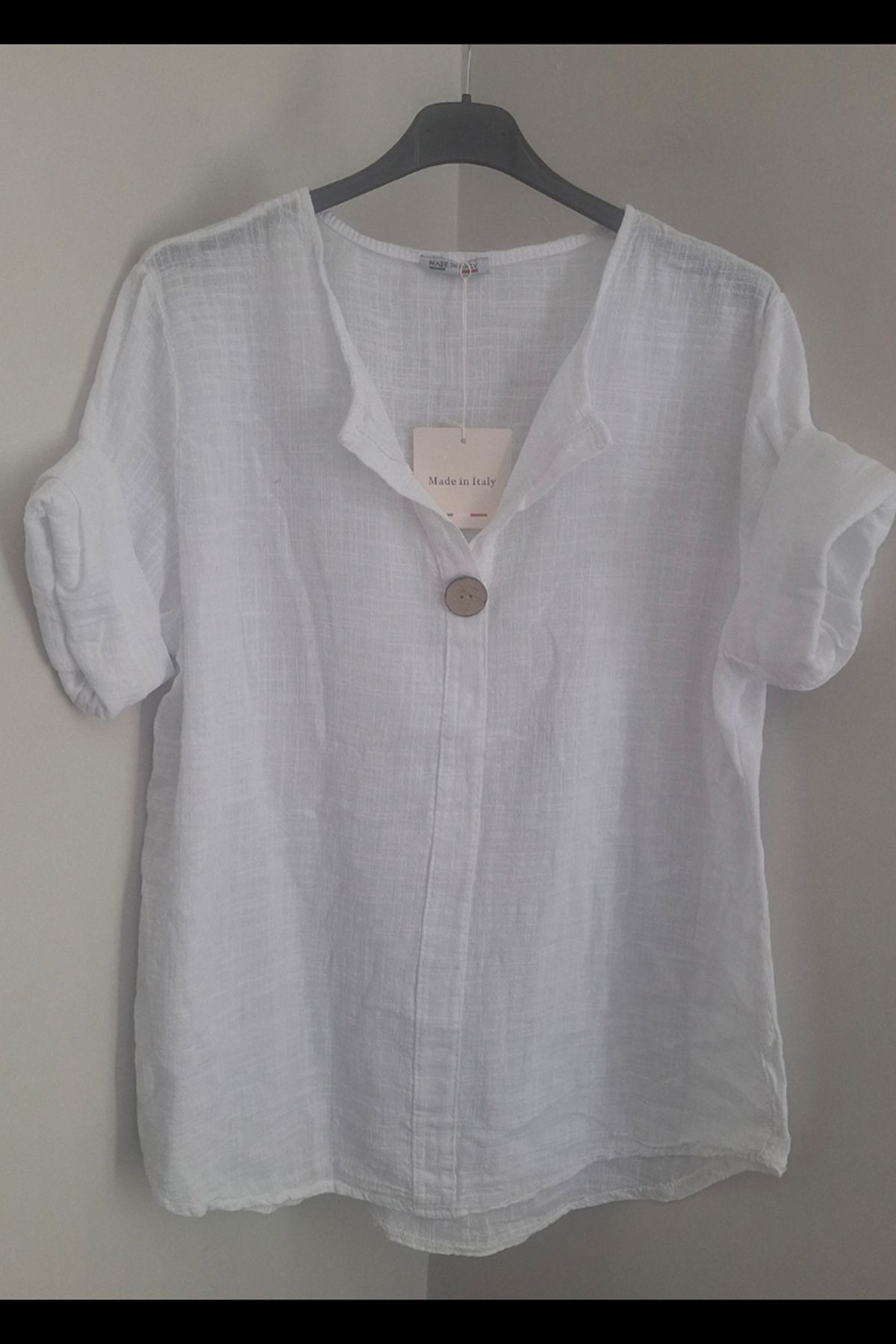 AYASOFYA OTANTIK Kadın Italyan Beyaz Düğme Detaylı 3/4 Kollu Oversize Salaş %100 Pamuk Bluz Tunik
