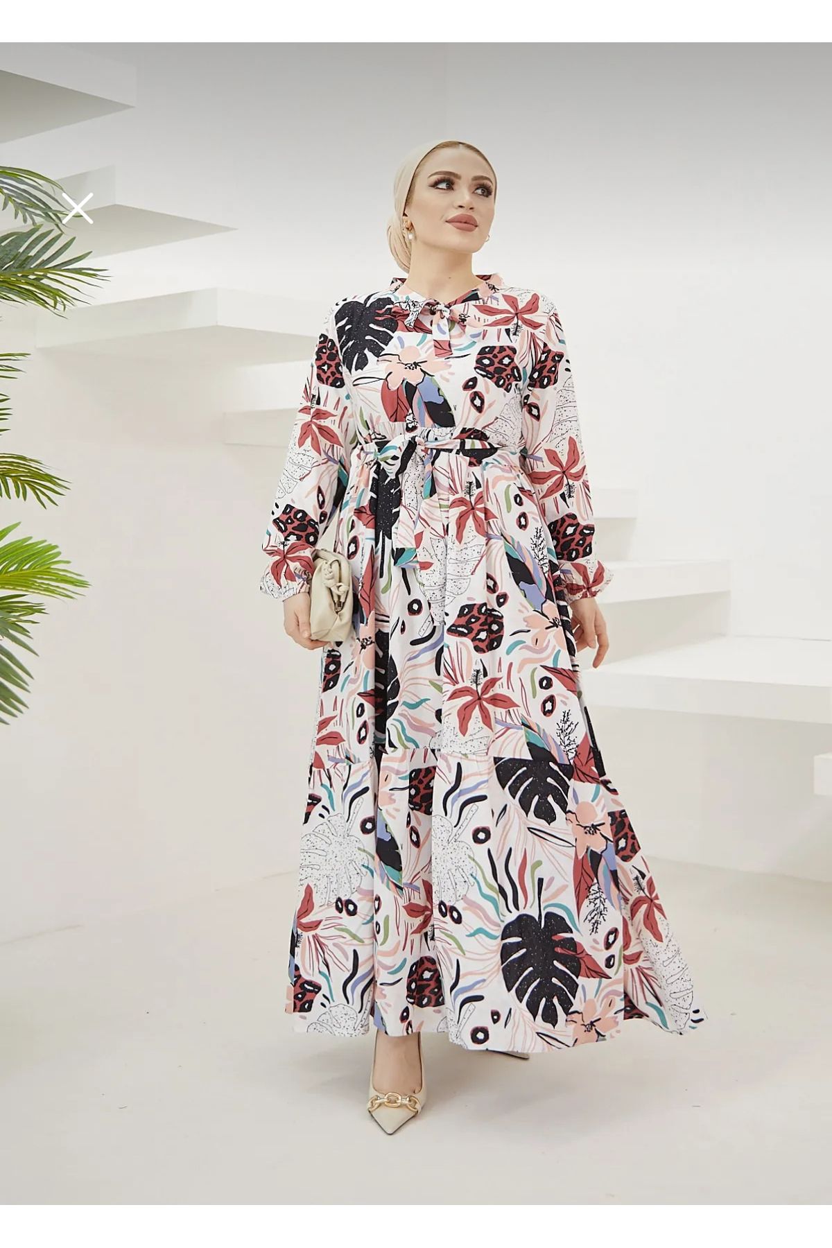 festmoda DESENLİ BEYAZ VİSKON ELBİSE