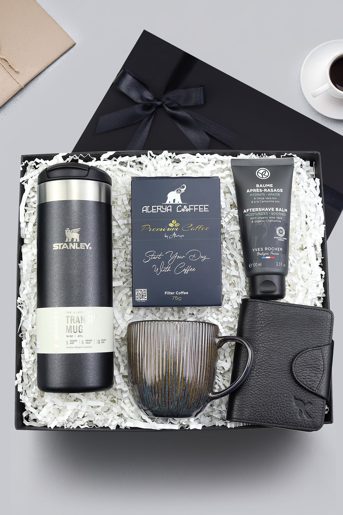 Trendmiya 0,47 L & Premium Filtre Kahve & Deri Siyah Cüzdan & Yves Rocher Balsam & Porselen Kupa Hediye Seti
