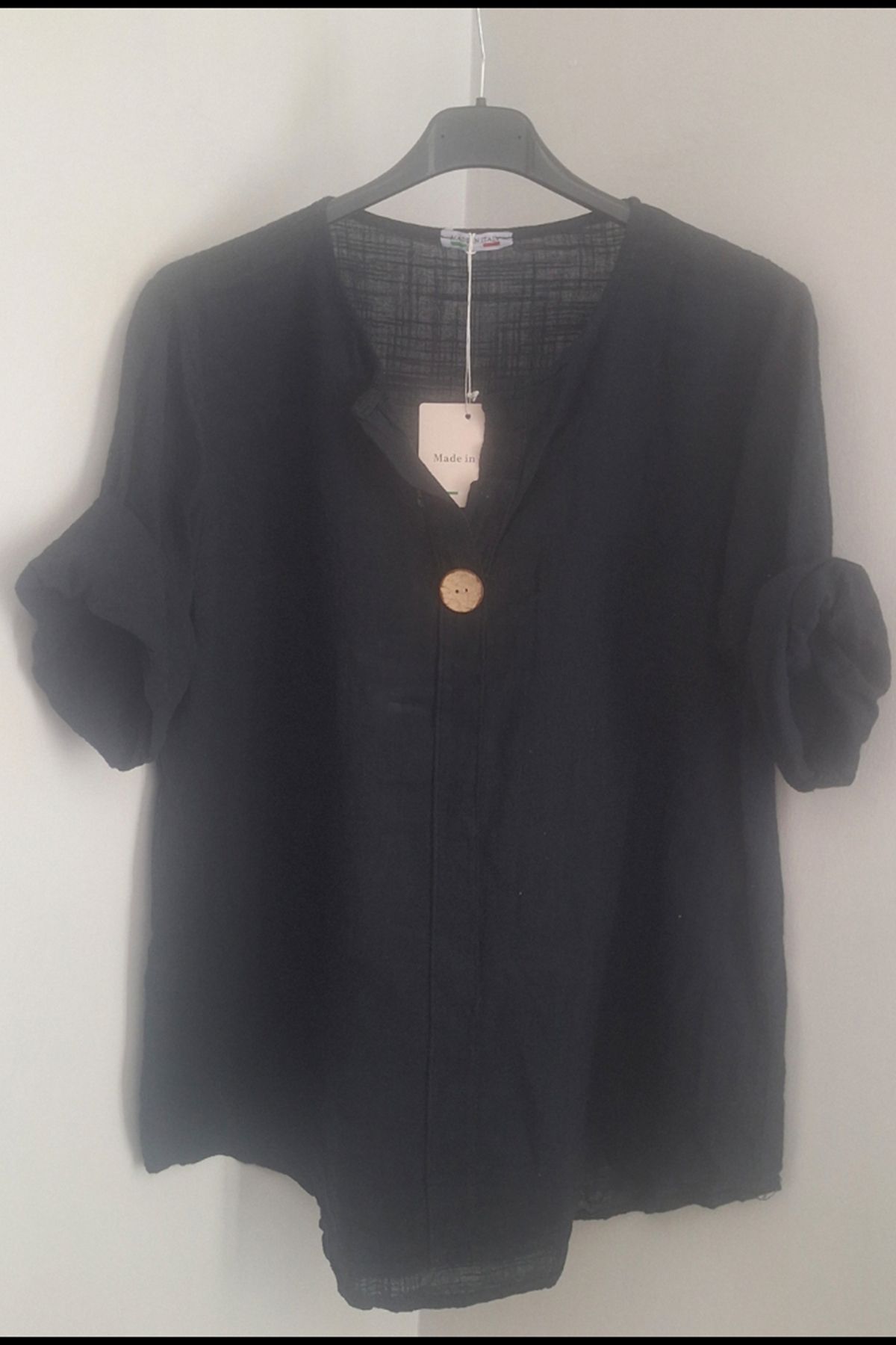 AYASOFYA OTANTIK Kadın Italyan Siyah Düğme Detaylı 3/4 Kollu Oversize Salaş %100 Pamuk Bluz Tunik