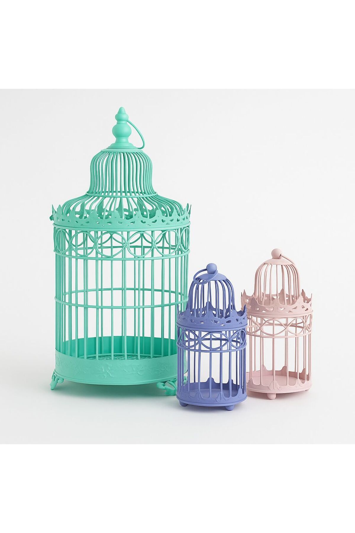Dilek Vintage Stil 3’lü Dekoratif Kuş Kafesi Seti – Mint Yeşili, Pudra Pembe ve Lavanta