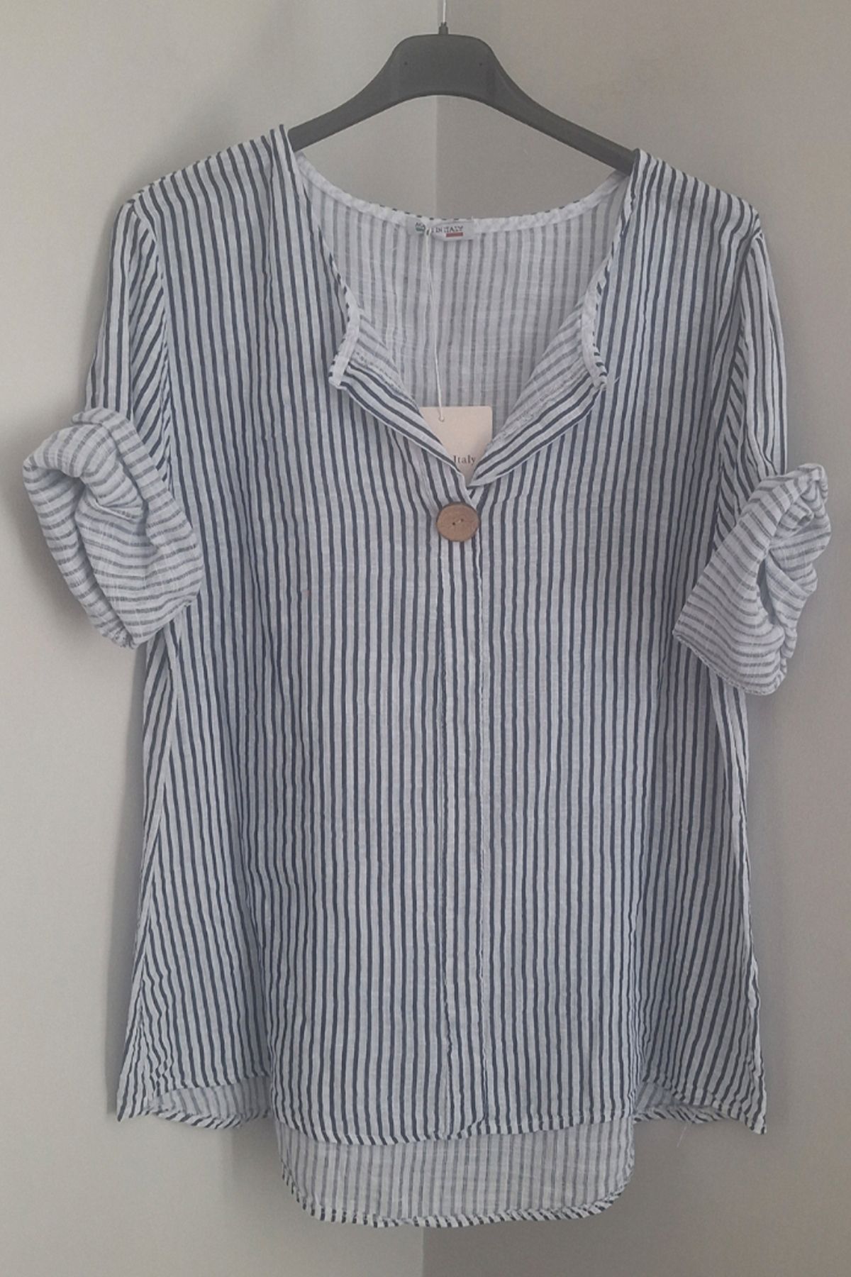 AYASOFYA OTANTIK Kadın Italyan Beyaz Çizgili 3/4 Kollu Oversize Salaş %100 Pamuk Bluz Tunik