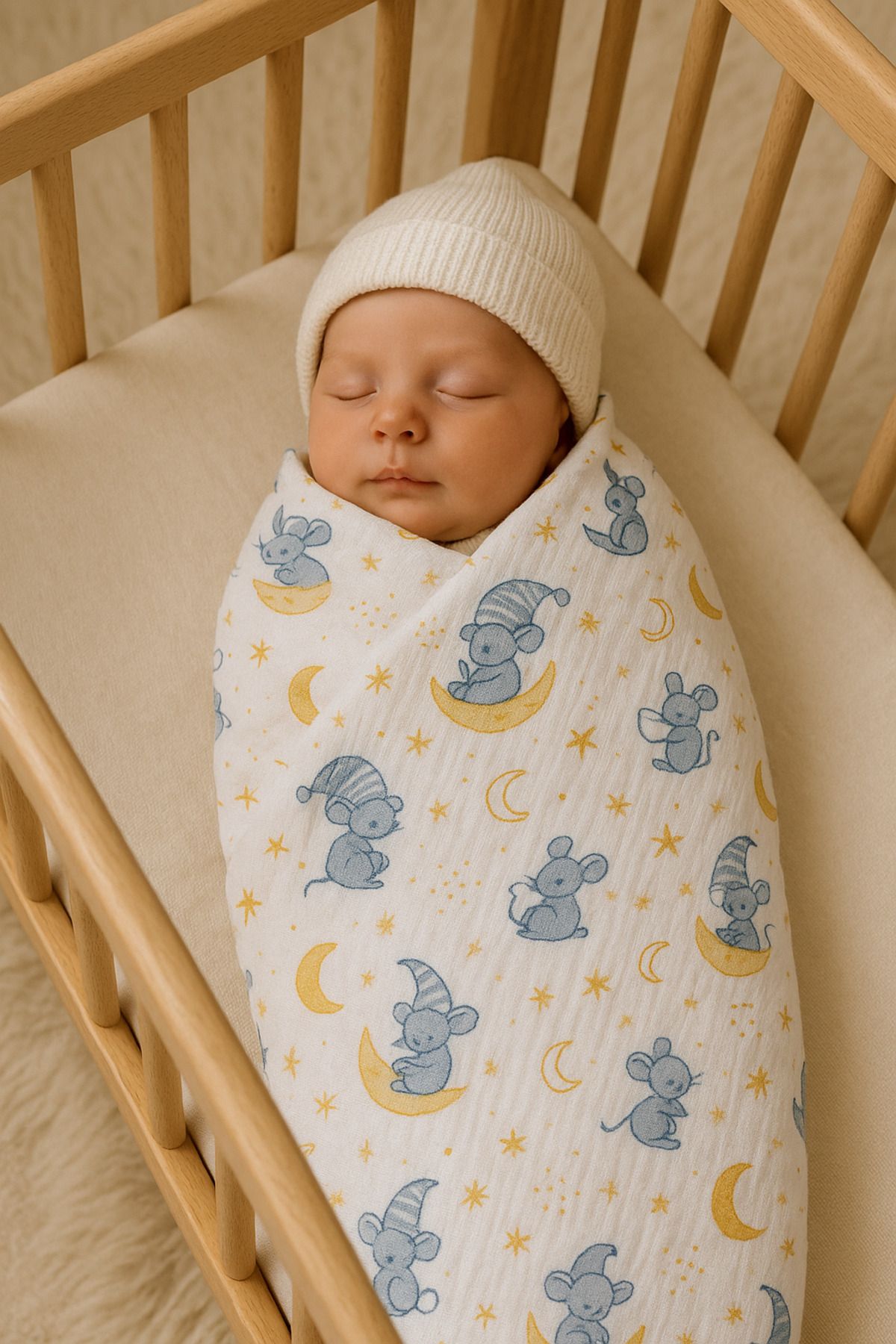 anne dokunuşu gibi KUZUM BEBE Mavi Yıldız Ay figürlü müslin bebek kundak battaniye