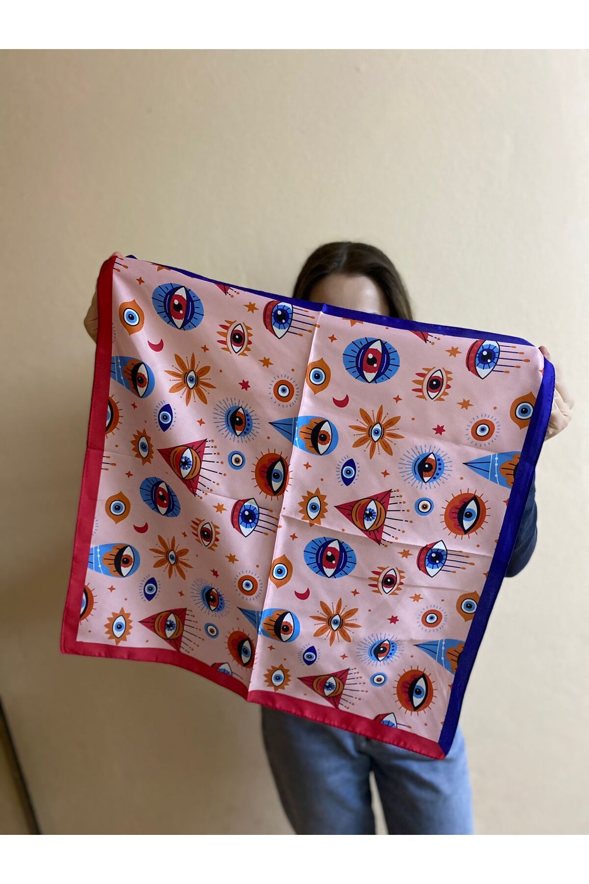 sema aksesuar Renkli Göz Nazar Boncuğu Yıldız Ay Motifli Fular - Bandana - Hediye