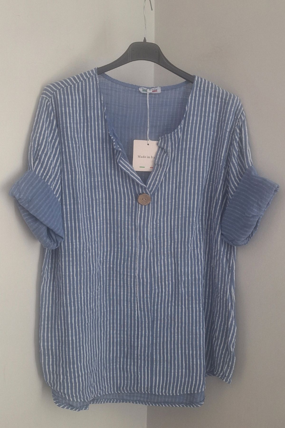 AYASOFYA OTANTIK Kadın Italyan Mavi Çizgili 3/4 Kollu Oversize Salaş %100 Pamuk Bluz Tunik