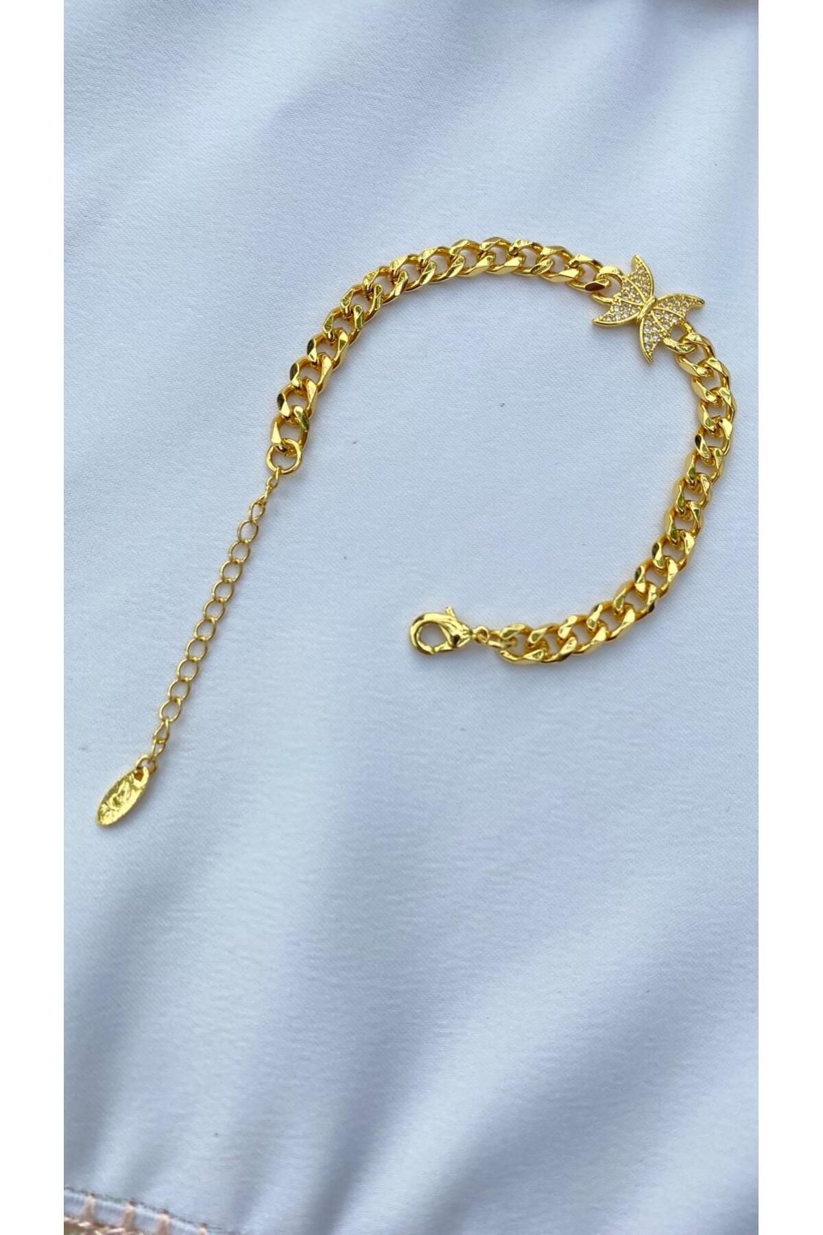 Butik Altın Kaplama Taşlı Kelebekli Çelik Bileklik