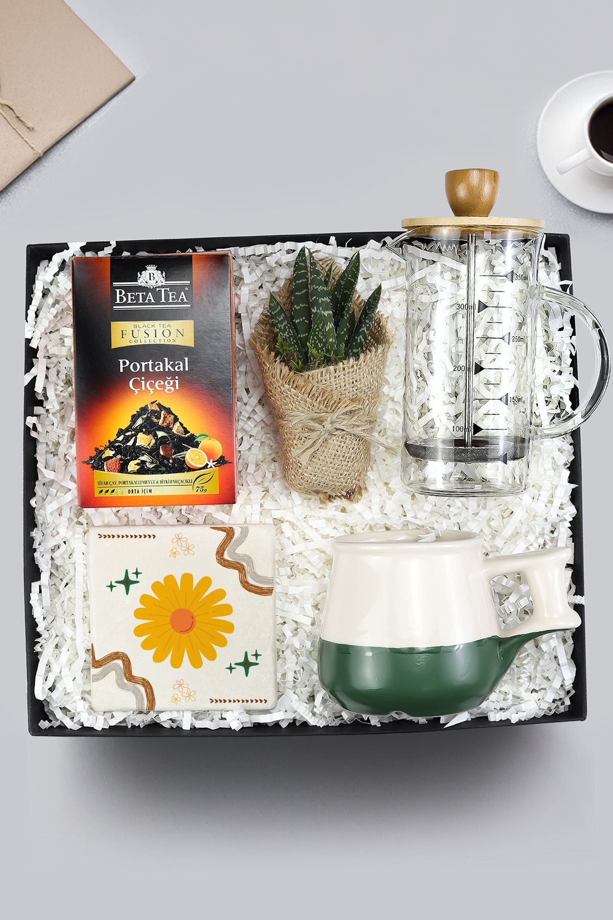 Trendmiya Bambu French Press & Sukulent & Taş Bardak Altlığı & Beta Tea Portakal Çiçeği & Kupa Hediye Seti
