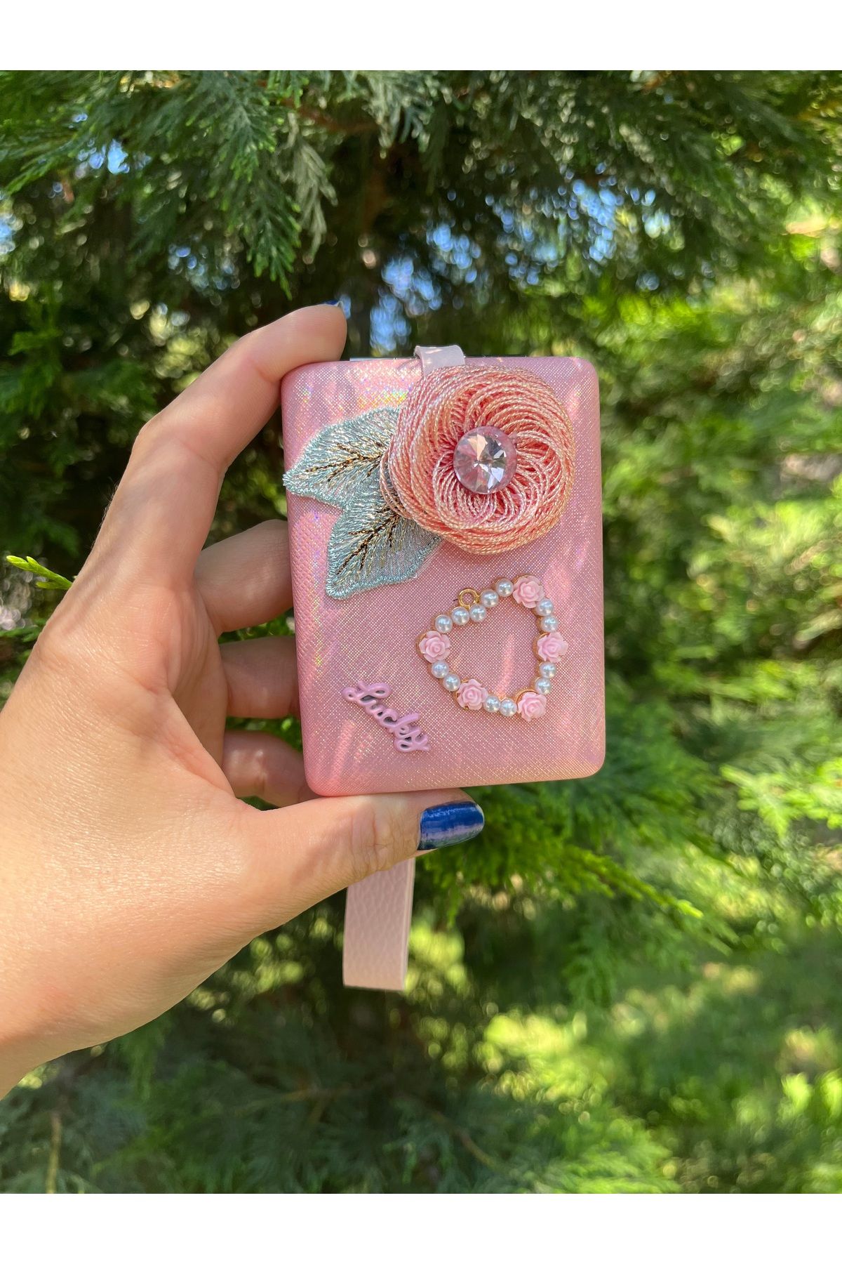 nergis collection Pembe Süslü Cep Aynası Makyaj Aynası Çanta Süsü