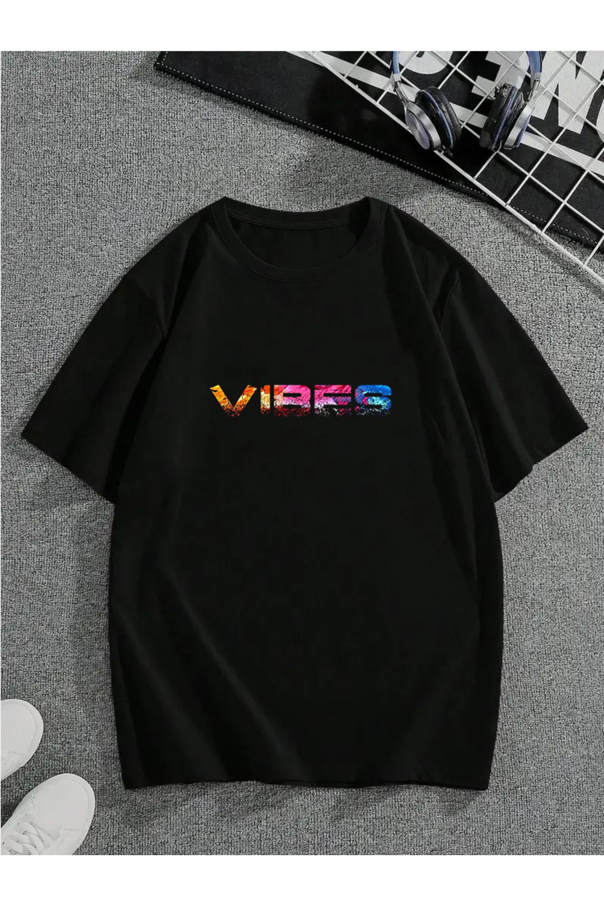 MODA Unisex Oversize Kalıp Vibes Baskılı T-Shirt