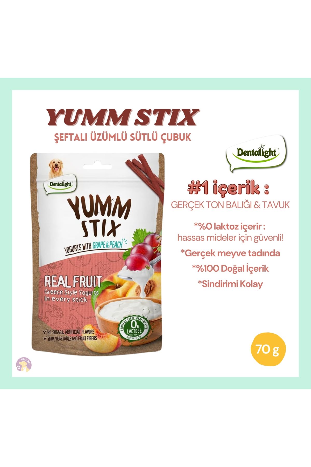 DENTALIGHT Yumm Stix Gerçek ton balığı Üzüm & Şeftali Yoğurtlu Köpek Ödülü | Enerji Artırıcı (70g)