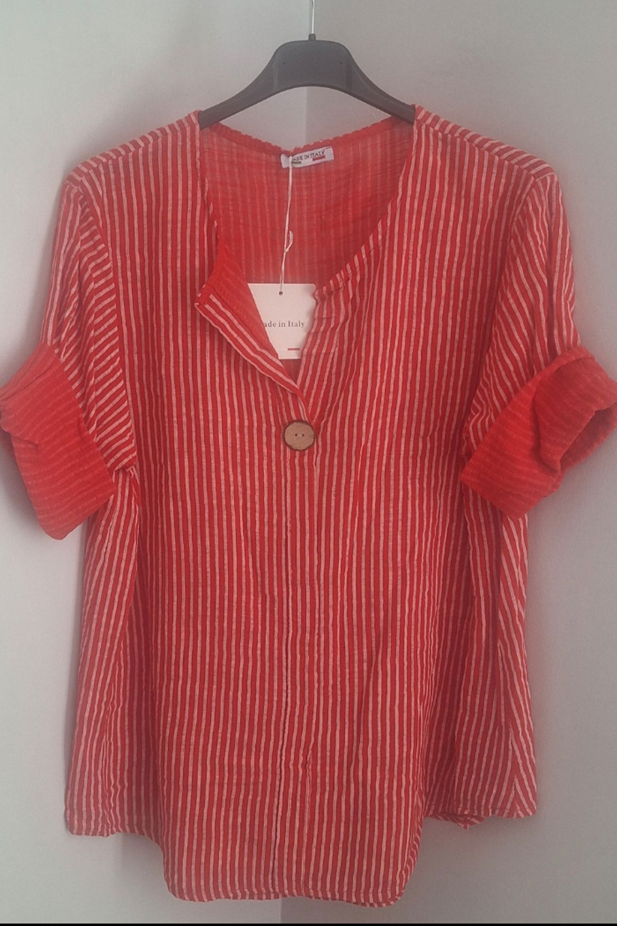 AYASOFYA OTANTIK Kadın Italyan Kırmızı Çizgili 3/4 Kollu Oversize Salaş %100 Pamuk Bluz Tunik