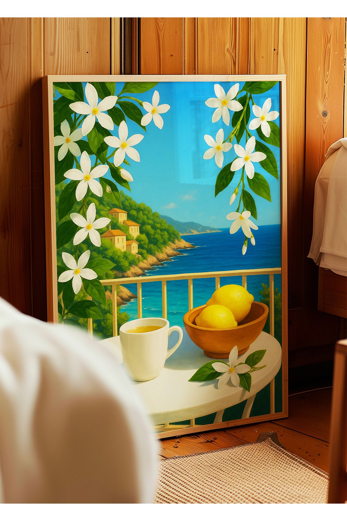 ARTHOUSECOLLECTIVE Yasemin ve Limonlu Akdeniz Manzara Posteri – Yazlık Balkon ve Deniz Temalı - Çerçevesiz Poster