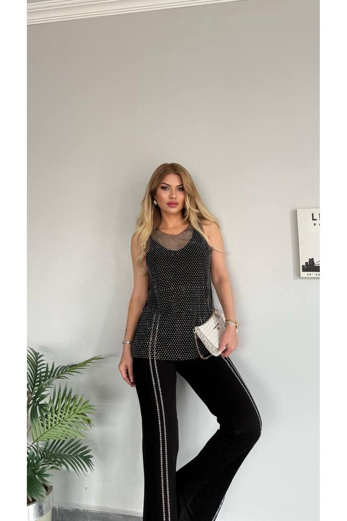 Bella Belluci Yeni Sezon Yandan Fermuarlı Pantolon Taşlı Bluz Esnek Kompakt Kumaş Üçlü Takım