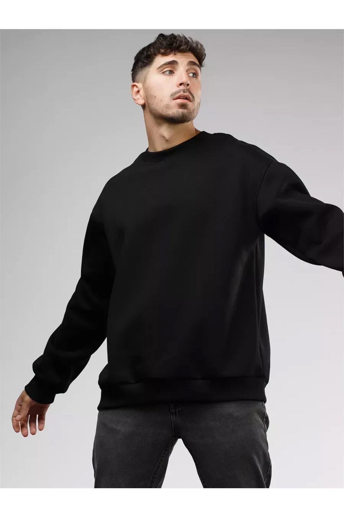 Boi Unisex Basic Bisiklet Yaka Sweatshirt Siyah