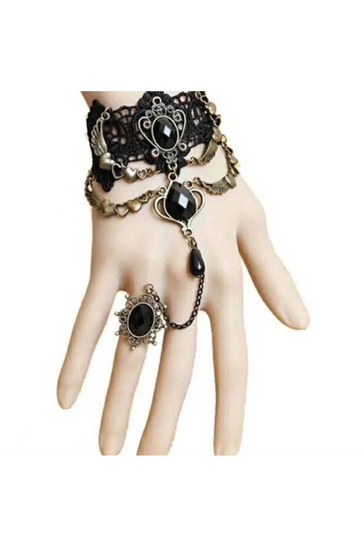 Yıldız Accessory Kadın Ayarlanabilir Yüzük Bağlantılı Gotik Dantel Siyah Metal Kalp Bileklik