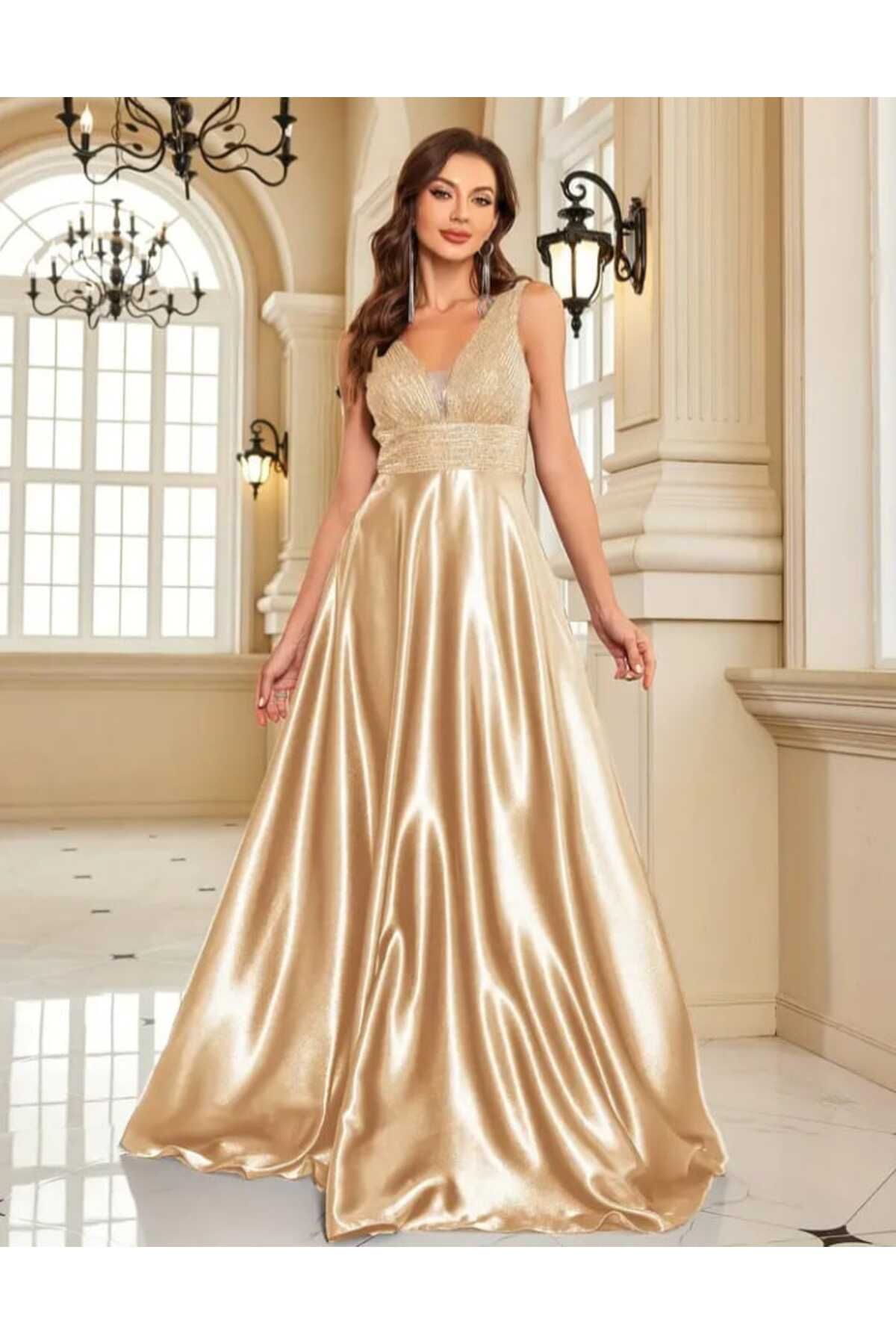 MODAS KALIN ASKILI PUL SATEN UZUN ABİYE ELBİSE