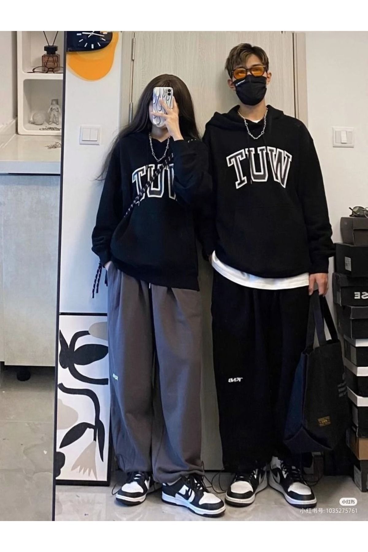 Boi Tuw Sevgili Çift Kombin - Siyah Baskılı Oversize Kapüşonlu Sweatshirt