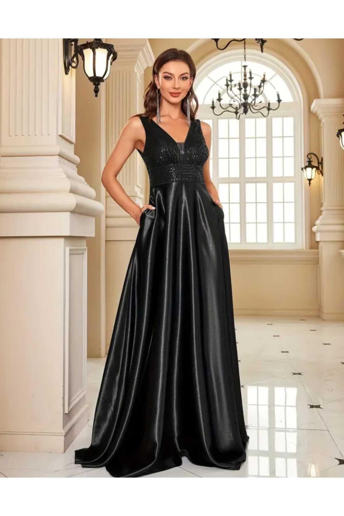 MODAS KALIN ASKILI PUL SATEN UZUN ABİYE ELBİSE
