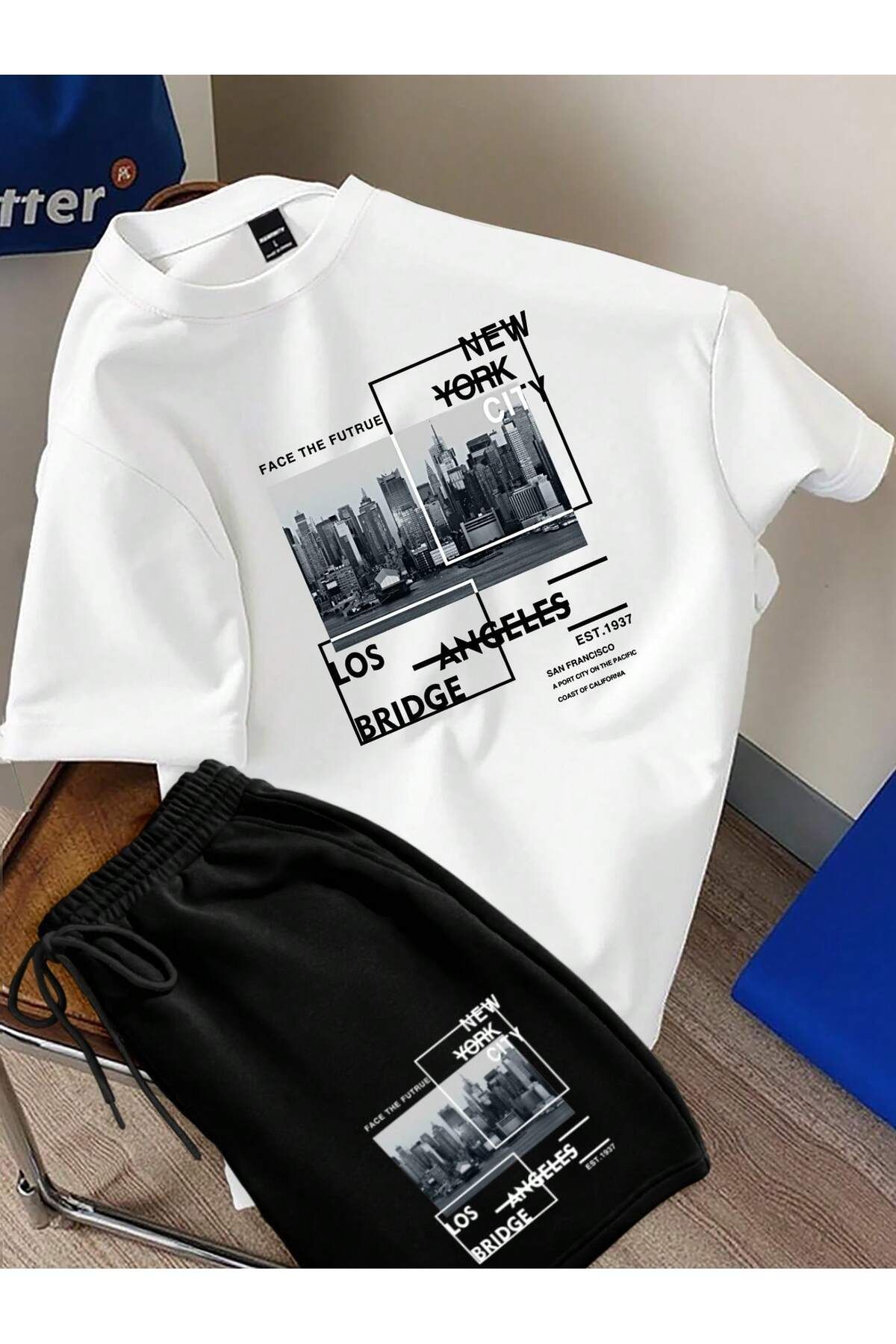 ACTIVE MODA -ERKEK KISA KOLLU PAMUKLU BASKILI TSHIRT-ŞORT TAKIMI 2Lİ