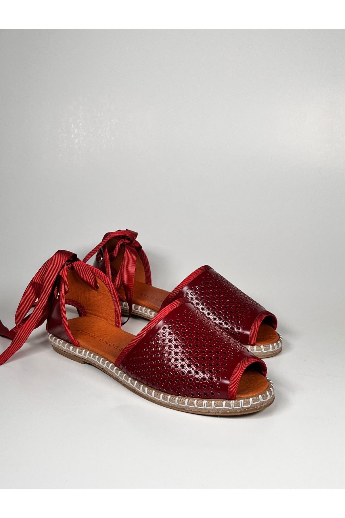 futsi shoes Kuş Gözü Zımbalı Bilekten Bağlamalı Bordo Hakiki Deri Babet Espadril