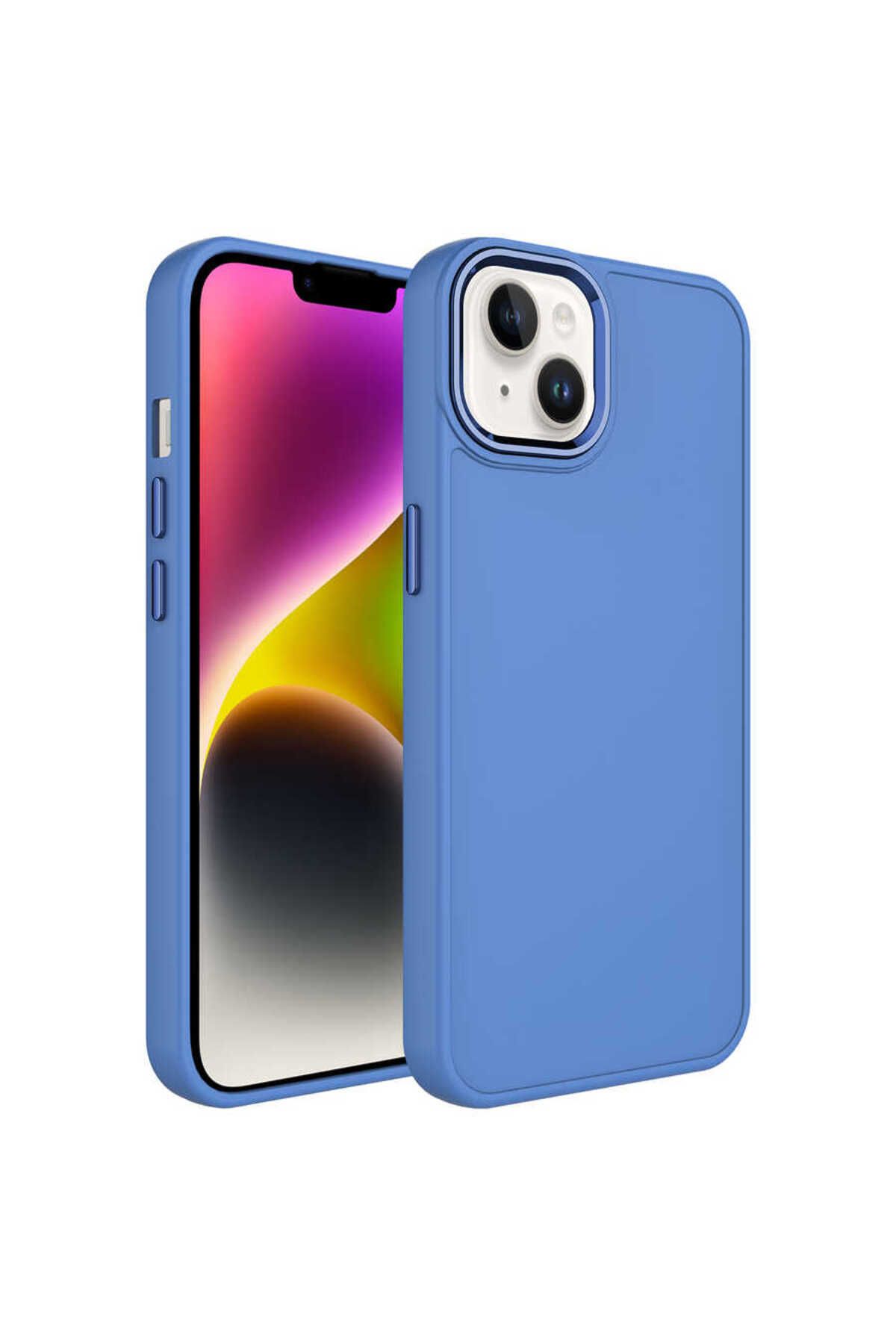 halkhouse Apple iPhone 14 Kılıf Metal Çerçeve ve Buton Tasarımlı Renkli Esnek Kırılmaz Silikon Luna Kapak