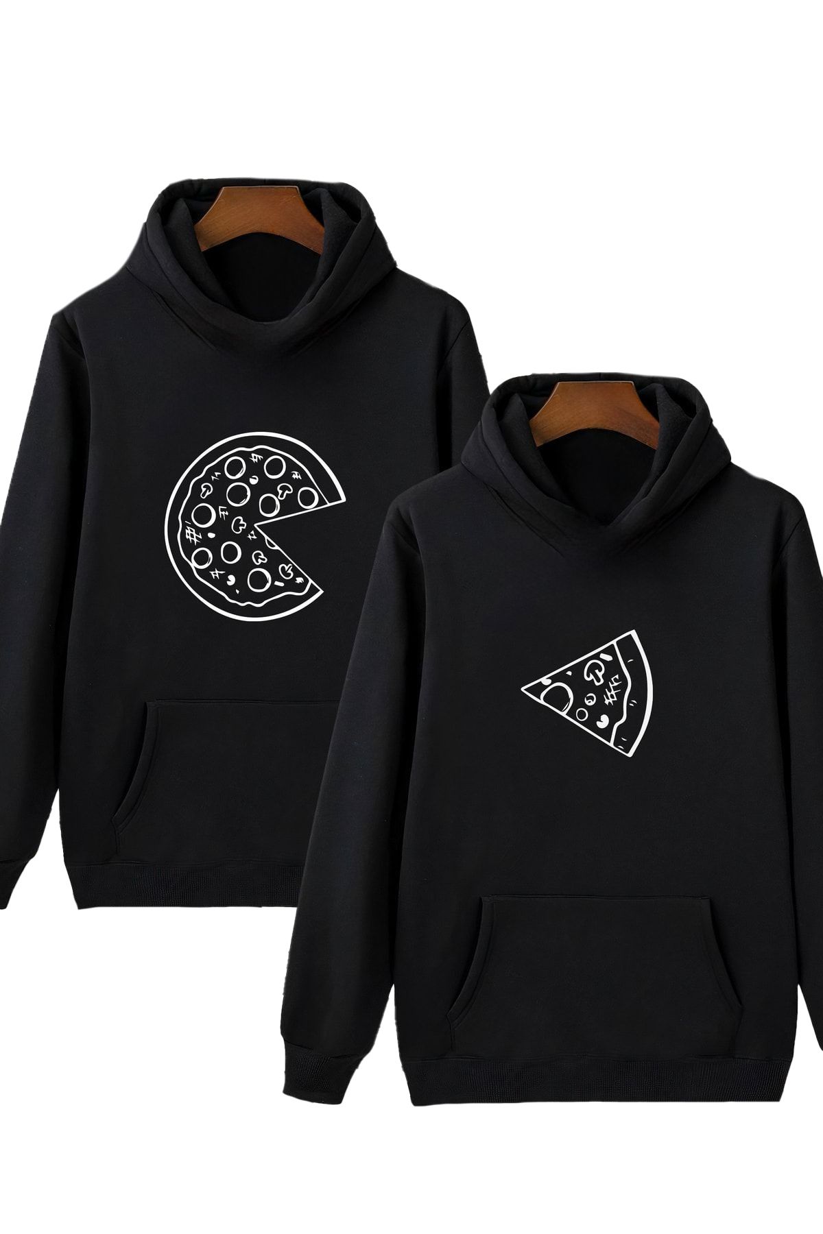 Boi Pizza Dilim Sevgili Çift Kombin - Siyah Baskılı Oversize Kapüşonlu Sweatshirt