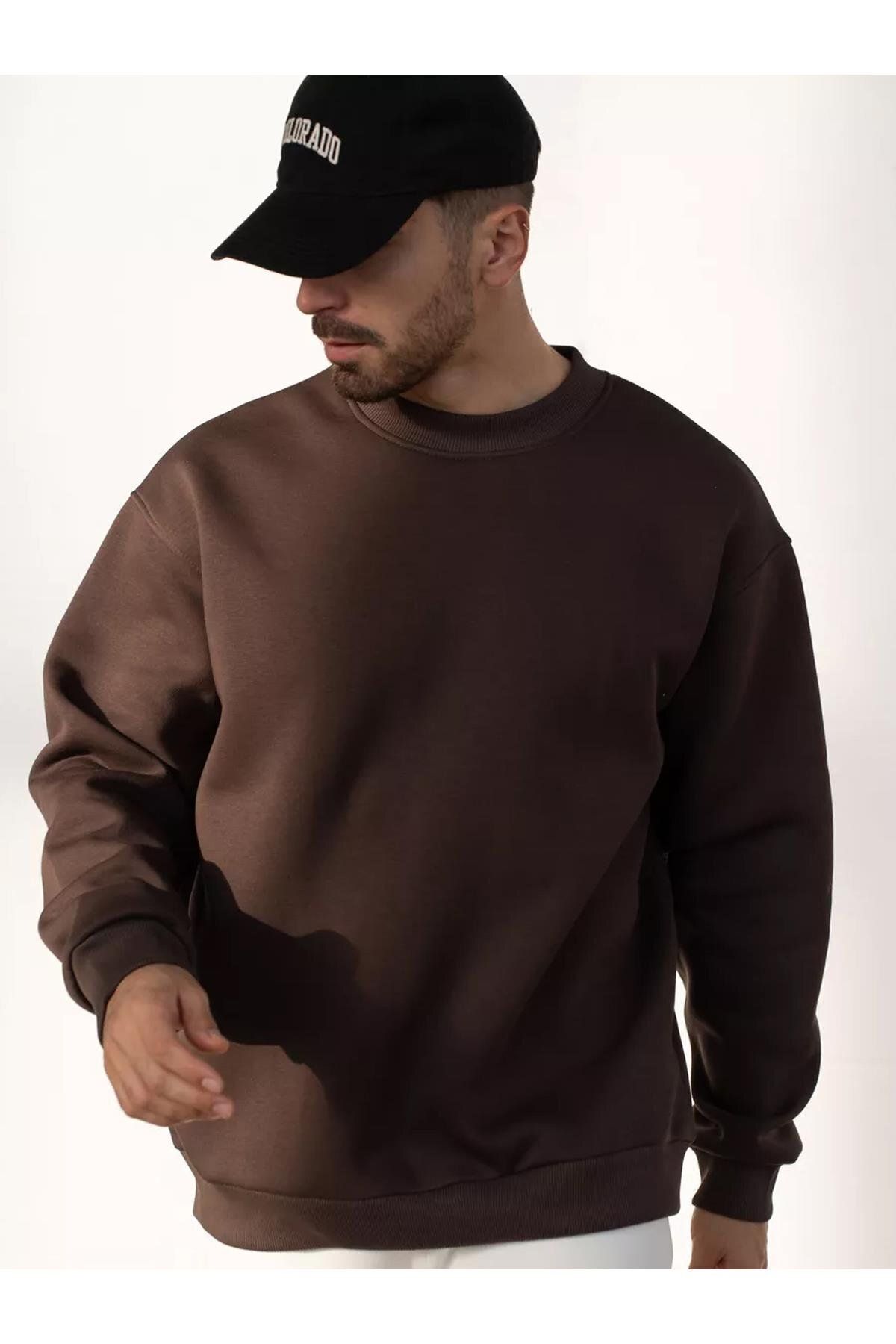 Boi Unisex Basic Bisiklet Yaka Sweatshirt Kahve