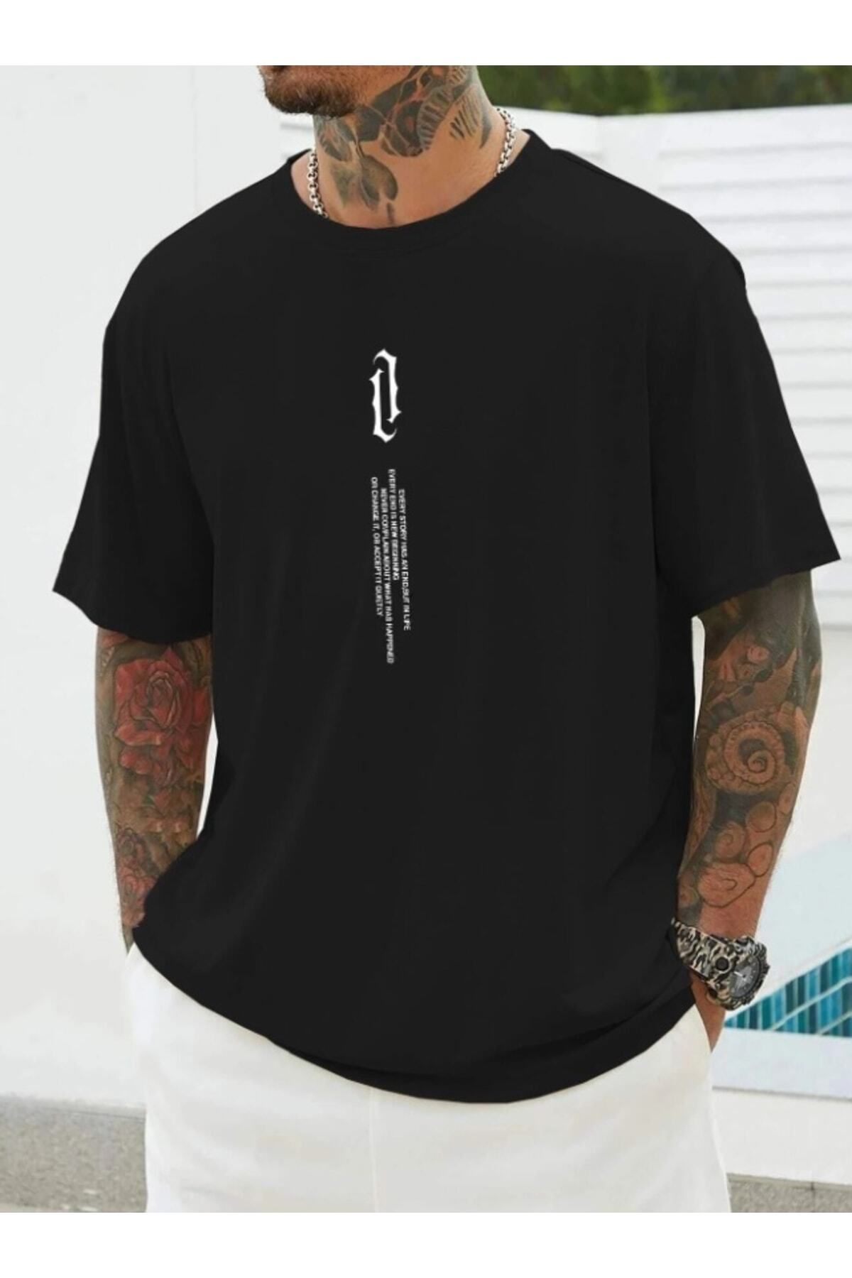ModaSphere Erkek Oversize Siyah Dikey Baskılı T-shirt